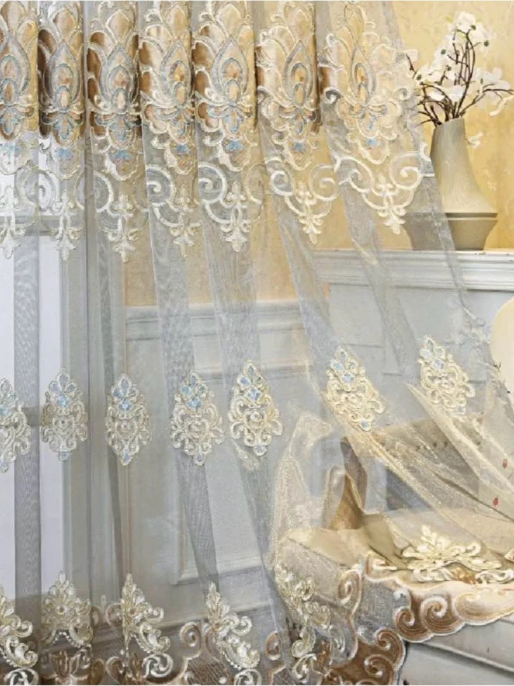 Jacquard Sheer Embroidered Tulle Curtains Gold, Cream, Grey, Blue